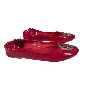 TORY BURCH RED PATENT LEATHER BALLET FLATS – SIZE 7 – GOLD EMBLEM – STYLE N3018